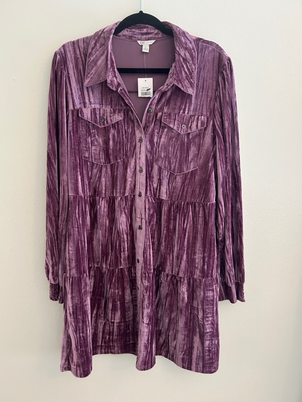 Cato Velvet Tiered Shirt Dress in Plum Large NWT